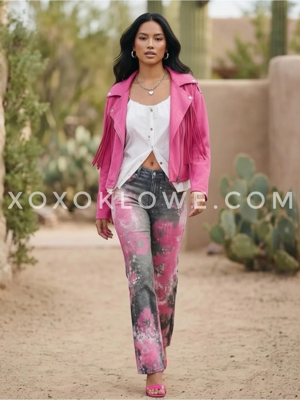 POL Hot Pink Vegan Suede Fringe Moto Jacket | Cropped Western Concert Biker